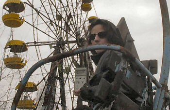 elena with radiation meter at amusement park in Chernobyl